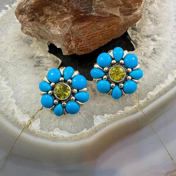 Carolyn Pollack Sterling Silver Turquoise & Faceted Peridot Flower Stud Earrings - Picture 2 of 9
